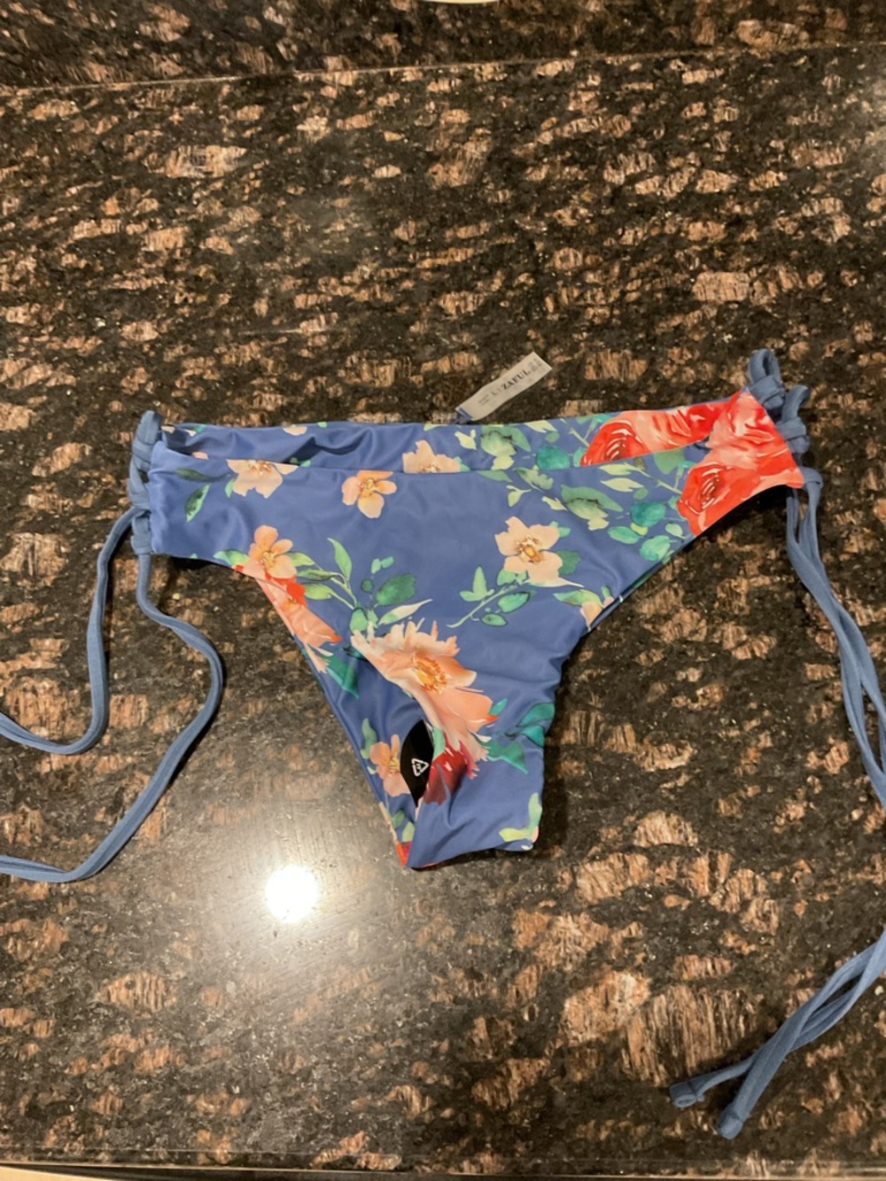 Zaful Blue Floral Tie-Side Bikini Bottoms with Coral Accents
